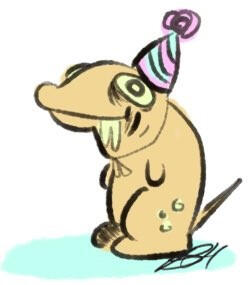 Small drawing of a random silly dog with a birthday hat made on phone(added signature for branding purposes)